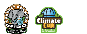 the freshly roasted coffee logo combined with climate cup 25 years of service